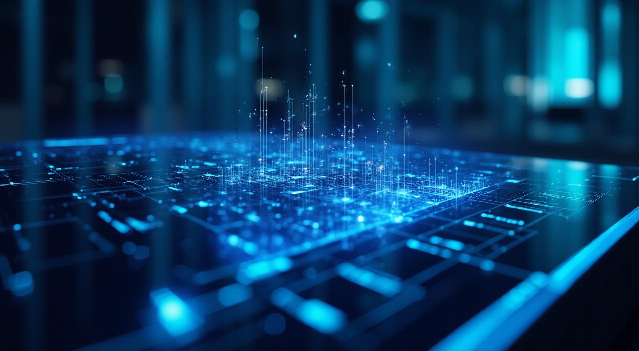 Futuristic AI data visualization dashboard showing interconnected neural networks